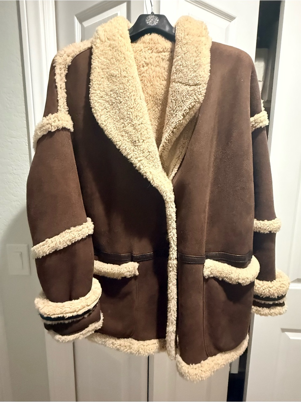 Women's Brown Shearling-Trim Reversible 
Suede Jacket - Cozy Winter Coat